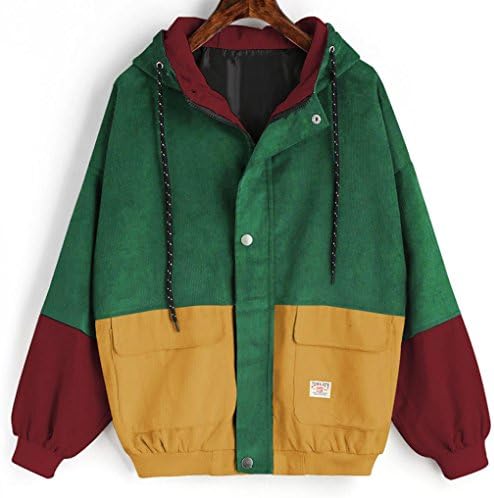 Women Corduroy Coat, Quistal Hoodie Long Sleeve Patchwork Oversize Jacket Windbreaker Overcoat Casual Tops Hoody With Zipper Pockets For Women Girls Plus Size UK 8-16 (UK 14, Wine Red)