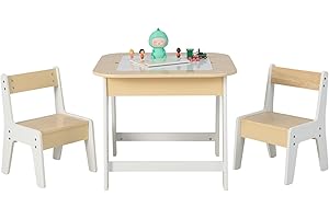 RELAX4LIFE Set Tavolo e 2 Sedie per Bambini, con Lavagna a Doppia Faccia e Spazio per Giocattoli, Tavolino Multiattività in Legno con 2 Sedie per Bambini da 3-6 Anni, per Cameretta (Bianco)