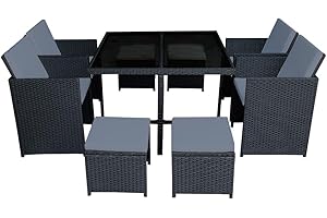 Panana 8 Seater Rattan Garden Furniture Set Dining Table and Chairs Stools Set Outdoor Patio and Conservatory Black Wicker with Grey Cushions
