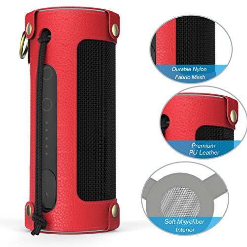 MoKo JBL Flip 3 Lautsprecher Hülle Abdeckung, Premium PU Leder Schutzhülle Tasche Case mit Handschlaufe und Karabiner für JBL Flip 3 Bluetooth Wireless Speaker, Rot - 3
