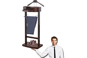 LOHOX Clothes Valet Stand Floor Standing Suit Hanger Rack with Drawer and Solid Frame Crease-Free Suit Coat Stand Storage Wooden for Bathroom Office Bedroom H106.6 x W 34.2 x D 43.1cm