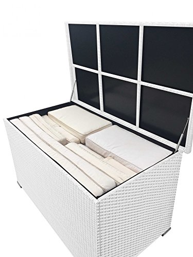 PREMIUM „Venezia“ 950 L XXL Kissenbox (es regnet nicht rein) L 146 cm x B 83 cm x H 80 cm ideal als Buffet Tisch nutzbar mit 2 x Gasdruckstoßdämpfer und eingebauter Tischplatte Farbe: Weiss - 6