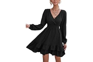 MAFA Vestiti Casual da Donna Estivi Autunno Elegante a Pois Abito a Maniche Lunghe Vestito Scollo V Abiti Corto con Volant e Vita Alta