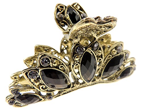 Beautiful Ladies Vintage Gold Tone Chunky Metal Hair Claw Clamp Tapered Tear Drops Black