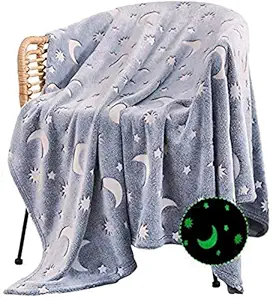 Arcanine Flannel Throw Blanket Star Soft Blue Kids Lightweight Comfy Moon Star Blanket Glow in The Dark Nursery Living Room Decor Four Seasons Birthday for Girls Boys Baby 170 x 170 cm