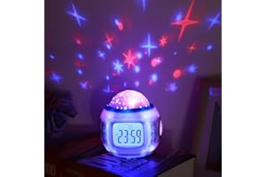 TKMARS Réveil Enfant avec Projecteur d’Étoiles, Veilleuse LED Lumineuse et Musicale, Horloge Affichage Date et Heure, 7 Couleurs de Lumière, Cadeau de Noël & Anniversaire Garçons Filles
