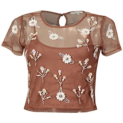 Womens Glamorous Mesh Embroidered Top with Cami in Brown - 8