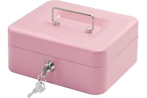 PACOLO Cassetta portavalori in acciaio con serratura a chiave, piccola organizer in metallo con vassoio per soldi, scatola portaoggetti con coperchio bloccabile (rosa, 20 x 16 x 8,5 cm)