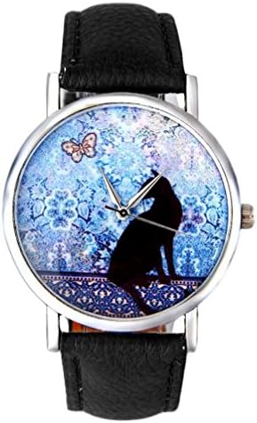 Women Cat Pattern Leather Quartz Watch Vogue Wrist Watches Bracelet (Black)