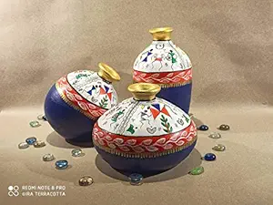 IRA Terracotta Warli Hand Painted Colorful Pots for Living Room & Home Decoration (Set of 3) (Blue & White)