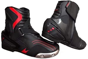 SPEED MAXX REAL LEATHER RED BLACK MENS MOTORBIKE MOTORCYCLE RACING SHORT SPORTS SHOES BOOTS