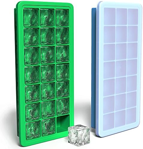 Silicone Ice Cube Trays with Lids - 2 Pc Covered Ice Cube Tray Set with 42 Ice Cubes Molds - Flexible Rubber Plastic Stackable Mini Cocktail Whiskey Ice Cube Mold Storage Containers - Blue Green