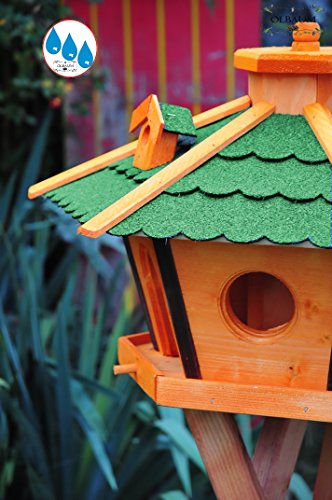 Holz-Vogelhaus PREMIUM,BTV Ölbaum Massivholz,wetterfest, mit Ständer / mit Standfuß und Silo,Futtersilo für Winterfütterung -Holz Nistkästen & Vogelhäuser- Ständer BR45grMS GRÜN - 3