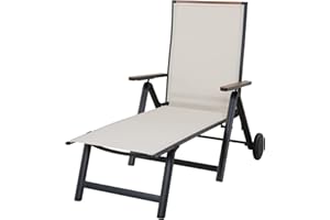 Grand patio Chaise Longue de Jardin avec roulettes, Bains de Soleil avec Aluminium et Textilène, Bain de Soleil Inclinable avec Réglable sur 6 Positions pour Jardin, Balcon, Piscine (Beige)