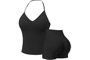 JETJOY Seamless Gym Sets for Women 2 Piece Halter Crop Top Sports Bras Hidden Scrunch Shorts Yoga Outfits Activewear Tracksuit
