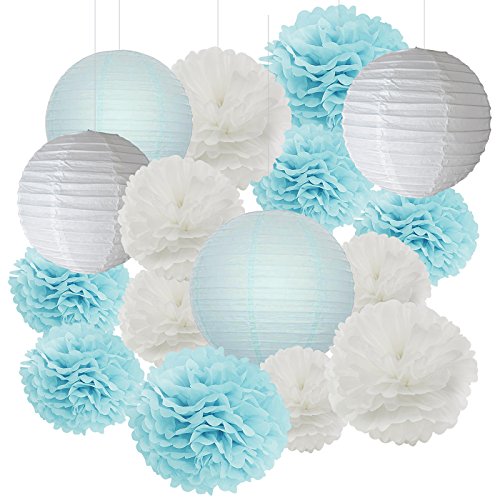 Furuix 18 PC Laterne Dekorationen Junge Baby Dusche Dekorationen Weiß und Baby Blau Gemischte Gewebe Pom Pom Blume und Papier Laterne Party Gefälligkeiten Hochzeit Geburtstag Dekor Papier Dekorationen - 7