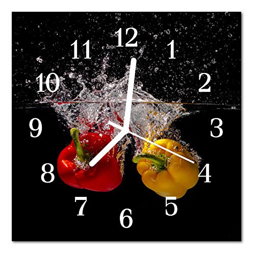Glasuhr von DekoGlas 30x30cm quadratisch Bilderuhr aus Acrylglas mit lautlosem Quarzuhrwerk Dekouhr Glaswanduhr Uhr aus PMMA Wanduhren Küchenuhr Wanddekoration Glasbilder Paprika schwarz
