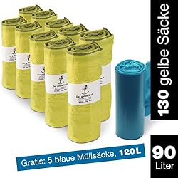 ProfessionalTree Sac jaune 10 rouleaux de 13 x sacs - sac poubelle 90 L - pour porte-sac jaune - rouleau gratuit de 5 sacs poubelle 120l bleu