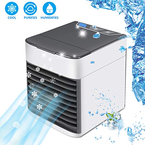 HUOU Aires acondicionados móviles,USB Aire Acondicionado 3 en 1 Ventilador Purificador Humidificador, 7 Colores, 3 Velocidades Ajustable para Familia y Oficina