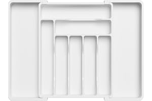 Lifewit Organizer do szuflady na sztućce, taca na sztućce do szuflady, regulowany uchwyt na przybory kuchenne, plastikowe płaskie łyżki, widelce, noże, wkład przechowywania, duży, biały