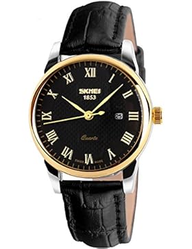 Findtime Herren Uhren Damenuhr Gold Schwarz Lederarmband Business Casual Analog Quarz Datum Kalender Armbanduhr