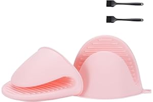 tifanso Silicone Mini Oven Gloves - Mitts Pot Holder for Kitchen - Heat Resistant Finger Gripper Mittens Rubber for Air Fryer, BBQ Grill, Cooking and Baking w/ +2 Oiling Brush (Pink)