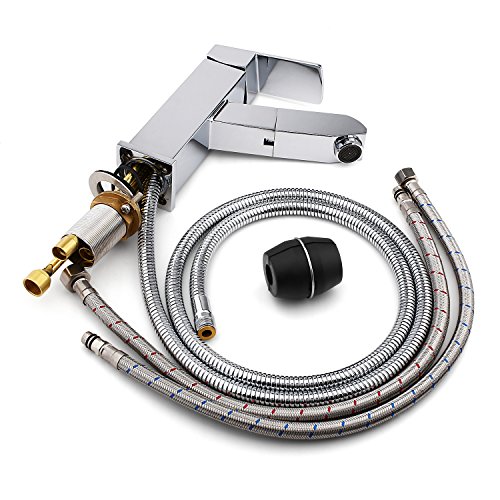 Homfa ausziehbare Küchenarmatur, Waschtischarmatur, Wasserhahn, Einhandmischer mit Schlauch-Brause, Keramik Kartusche, Messing verchromt - 7