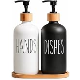 2&rsquo;li Hands Dishes Siyah Beyaz Cam Sıvı Sabunluk Seti 500 ml, Bambu Standlı Dekoratif Mutfak & Banyo Sabunluk Dispenser Seti Ş