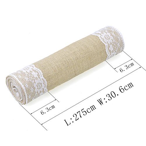Jingxu Rustic Burlap Lace Tischläufer Natürliche Jute für Hochzeitsfeier als Tischdekoration Weiße Spitze (L) - 5