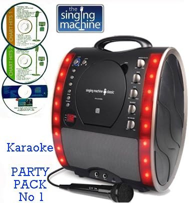 Portable Karaoke Machine &amp; CD Player - Classic 343 PARTY PACK 1 (1 Mic + 3 karaoke CD's) Home Disco Party Light - Boys / Girls wired karaoke microphone + 56 Karaoke SONGS (3 CD ' S) CDG + Format (Connect to a TV to display lyrics from CD) - Echo - Auto Voice Control - -	AUX IN 3.5mm Jack (Link to iPod / iPhone / iPad / MP3 Player /Mobile Smart Phone / Laptop, Netbook, PC, Computer / etc) – by The Singing Machine (3 CDs - Party Pack 1 (1 Mic), Black)