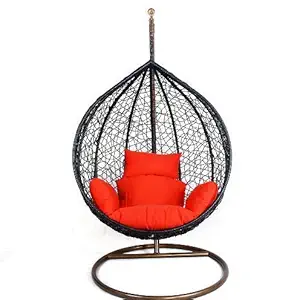 Black Oak Single Seater Swing Chair with Stand & Cushion & Hook Outdoor/Indoor/Balcony/Garden/Patio/Home Improvement (Red, Standard)