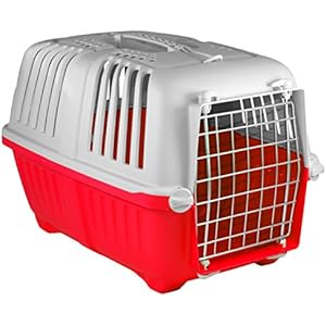 Transportbox für Hund und Katze tiertransportbox Hundetransportbox Hundebox Katzenbox Katzentransportbox 47 x 30 x 30cm groß - Rot grau