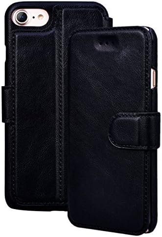 VemMore for iPhone 7 / iPhone 8 Leather Case Flexible Wallet Case Slim PU Wallet Case with Retro Pattern Cover Ultra Slim Protective Bumper Shell with Magnetic Folio Flip Stand Function Credit Card Slots Book Style Case Cover - Black