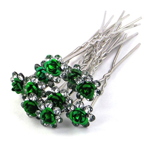 Bride Boutique Bridal Wedding Prom Silver Crystal Diamante Rose Flower Hair Pins Clips Grips (Green)