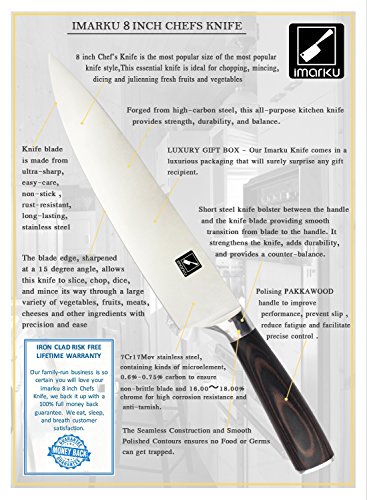 Küchenmesser, Imarku Professionelle 20cm Kochmesser, Gemüsemesser, Chefmesser, Allzweckmesser, Kartoffelschälmesser aus hochwertigem Carbon Edelstahl mit Präzisions-Schneidekante und mit ergonomischem Griff - 8