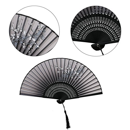 KAKOO Damen Handfächer mit Geschenkbox Chinesischer Blumen Stoff Fächer Bambusgriff Wandfächer Hochzeit Party Tanzen Fasching Weiß - 6