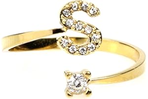 Flowers Anello in Acciaio Regolabile colore argentato o dorato con Lettera iniziale Nome e Punto Luce. Lettera ricoperta di piccoli strass brillanti