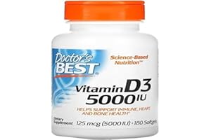 DOCTORSBEST Doctor's Best Vitamine D3, 5000 UI - 180 gélules Softgel, Soutien osseux et immunitaire