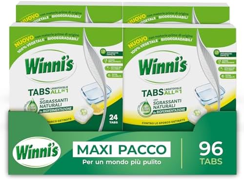 Winni's - Pastiglie per Lavastoviglie, 96 Tabs, Detersivo Multiazione Detergente, Sgrassante, Antiodore e Brillantante, Fragranza di Limone, con Materie Prime di Origine Vegetale, Confezione da 4