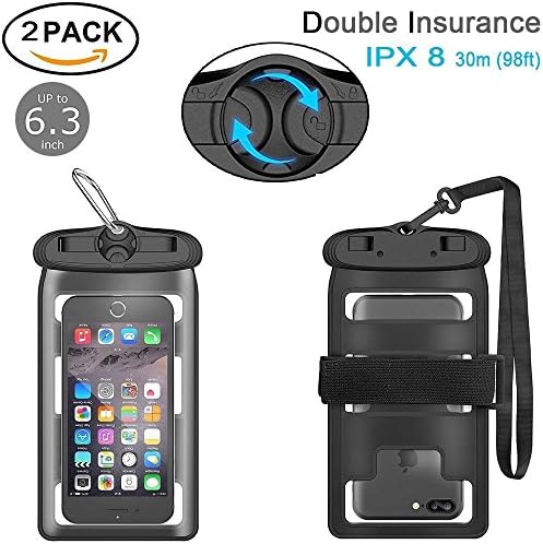 Waterproof Phone Case, Underwater Cover Full Protection Touch Sensitive &amp; Clear Screen Universal Shockproof Waterproof Dry Bag Pouch Iphone 7 6 6S Plus SE Outdoor Straps (Black 2 Pack)