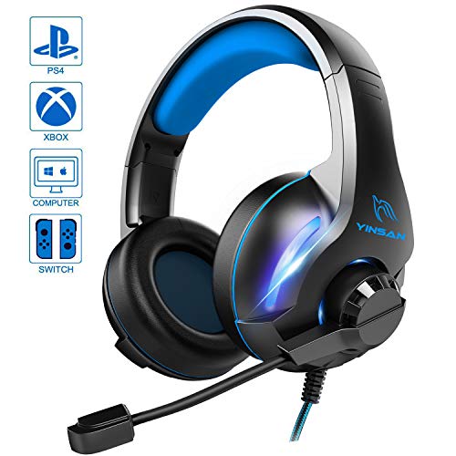 YINSAN Auriculares Gaming PS4, Cascos Gaming con Control de Volumen Ajustable y Micrófono con Reducción de Ruido Iluminación RGB para Xbox One, Nintendo Switch, Laptop, Tablette, Smartphone (Azul)