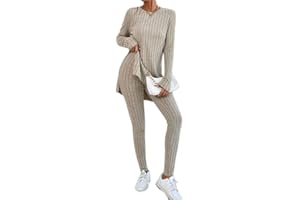 shownicer Ensemble Femme 2 Pièces Survêtement Chic Elegant Manche Longue Chemise + Pantalon Décontracté Pull Ensemble Tricoté Sportswear Loungewear Suit