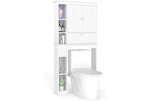 COSTWAY Over Toilet Storage Unit, Freestanding Bathroom Space Saver with Toilet Paper Holder, Doors & Open/Adjustable Shelves, Wooden Above The Toilet Cabinet Laundry Organizer for Small Space, White