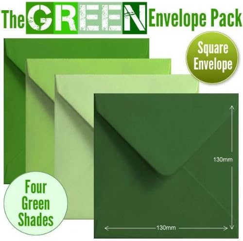 100 Small Square Green Colour Envelopes. 4 Green Shades of 130mm Square Gummed Green Envelopes.