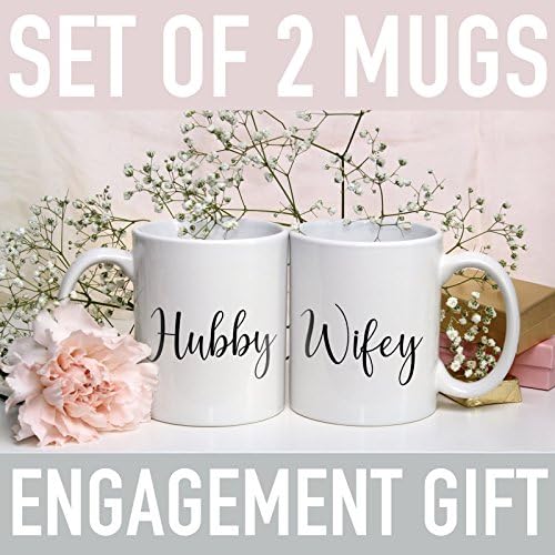 HUBBY AND WIFEY MUG WEDDING PRESENT ENGAGEMENT GIFT MR AND MRS CUP SET OF 2 MUGS
