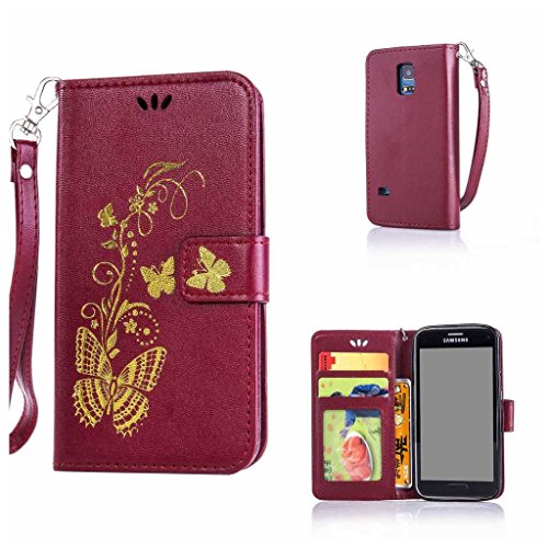 Galaxy S5 Mini Hülle Ledertasche [mit Frei Hartglas Displayschutzfolie], KKEIKO® Schutzhülle PU Leder Tasche Hülle Case für Samsung Galaxy S5 Mini, Wickelfalz Handyhülle mit Bändselloch Standfunktion Karteneinschub und Magnetverschluss, Kratzfeste Lederhülle Flip Wallet (Schmetterling #5)