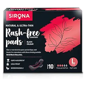 Sirona Natural Biodegradable Super Soft Black Sanitary Pads/Napkins - 10 Pieces, Large (L) Night Pads - Antibacterial, Ultra Thin and Rash Free Protection