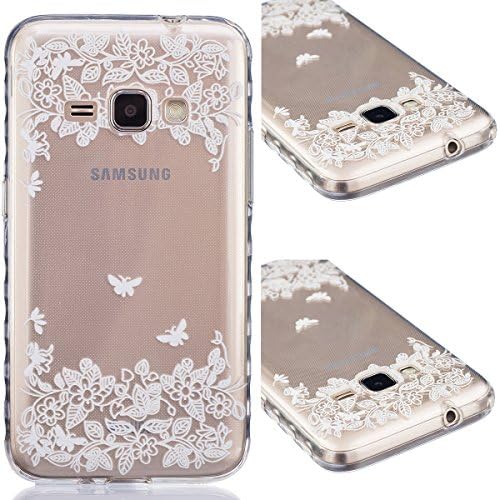 Silicone Case for Samsung Galaxy J1 2016, GrandEver Soft TPU Bumper Shell White Rose Butterfly Pattern Design Case Cover Rubber Gel Skin Hull for Samsung Galaxy J1 2016 Silicone Cover Transparent Clear Cell Phone Back Cover Protective Shell for Samsung Galaxy J1 2016