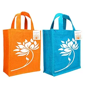 INDOZY Jute Bag for Lunch Tiffin & Gifting | for Men Women Girl boy Kid Office Daily use Handbag | with Zip & 2 Inside Pockets for Spoon/Fork/Tissue/Mobile & Water Bottle (Orange+Blue)