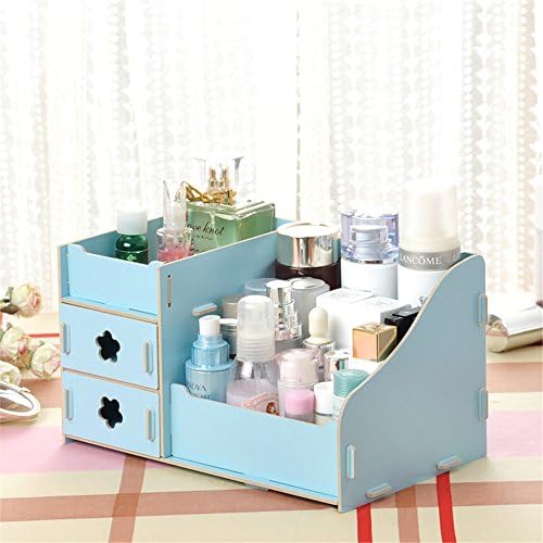 EVIICC Cosmetic Organiser Makeup Storage Box with Drawers for Bathroom Bedroom (Need Assemble) Wooden Size L Blue